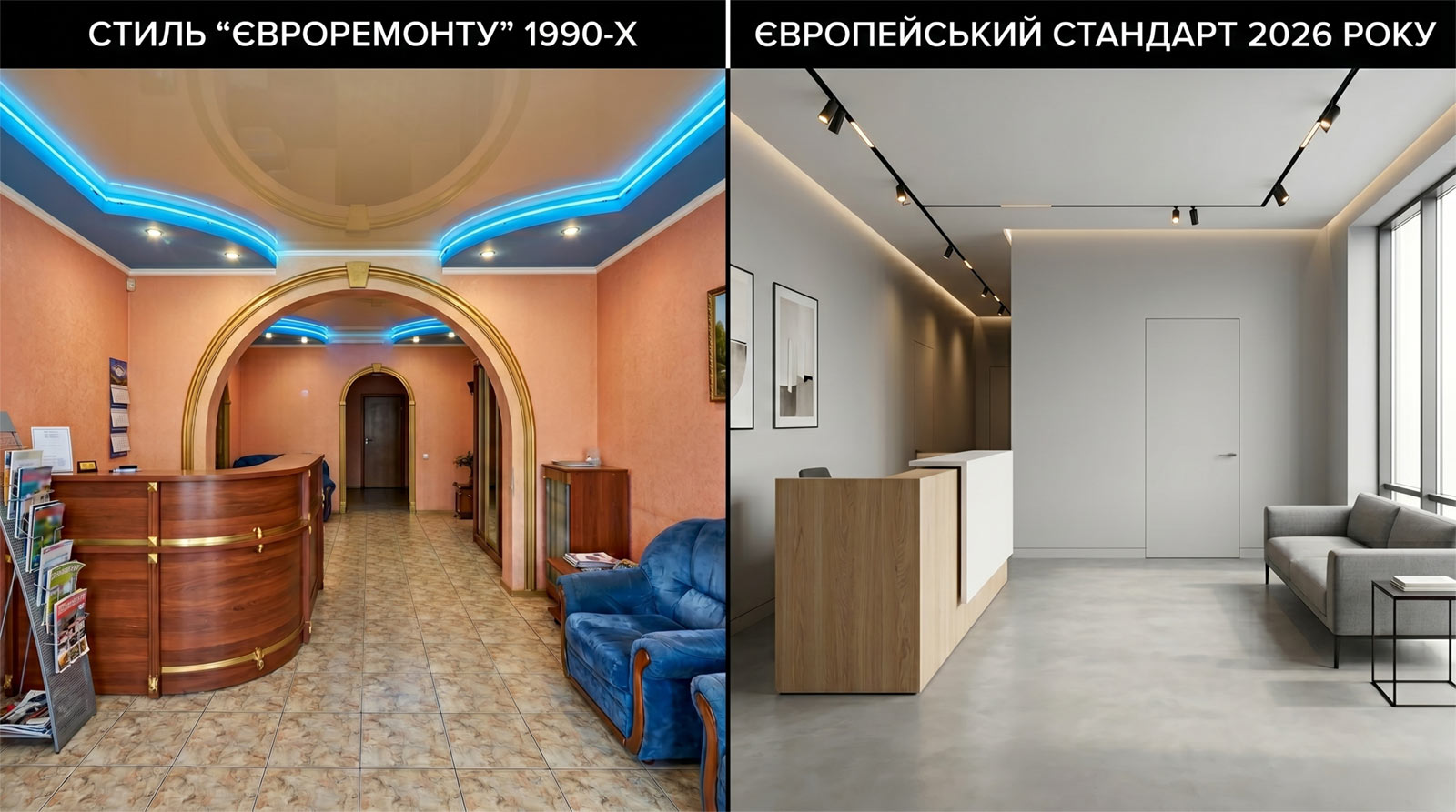 Комерційна інтер'єрна фотографія, концепція візуального порівняння на розділеному екрані поруч.