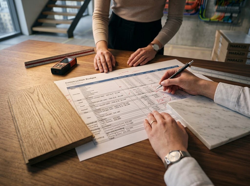 людина переглядає детальну таблицю з фінансовим бюджетом будівництва на елегантному дерев'яному столі. Поруч з документами розміщені зразки дубової підлоги та мармурової плитки.